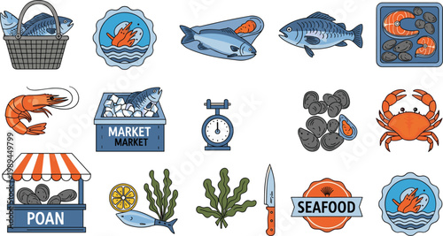 Seafood Market Vector Set Fish Shrimp Crab Mussel Fresh Ocean Illustration