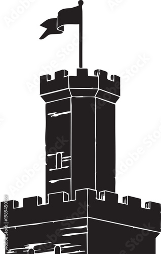Majestic black silhouette of Medieval stone castle tower with waving flag isolated on white background, heraldry, history, security branding concept