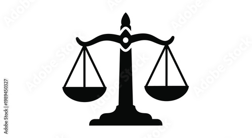 A black scales of justice icon represents legal proceedings and balance silhouette