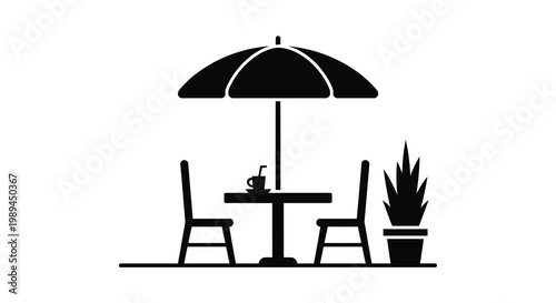 A black silhouette of beach furniture with an umbrella and table setting silhouette