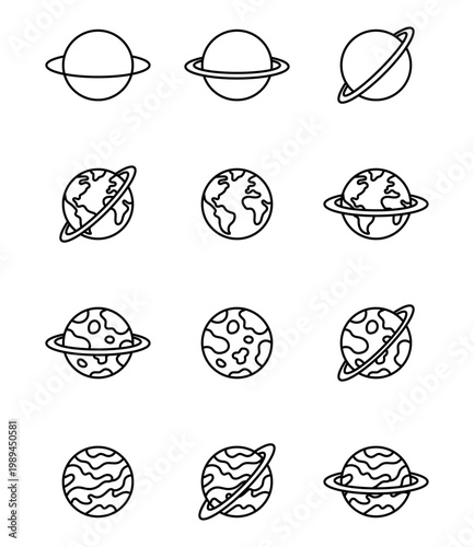 Editable set of planet outline icons. Set of 12 Outline Planet Icons