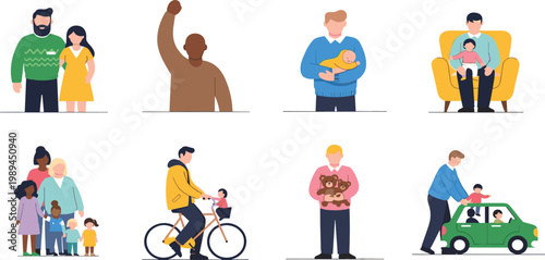 Inclusive fatherhood and family vector set featuring 8 vignettes of fathers with children and community activism in a flat design style.