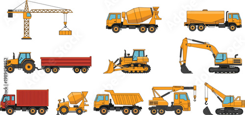 Heavy construction machinery vector set featuring excavator crane cement mixer and dump truck icons in a detailed flat design style for industrial logistics.