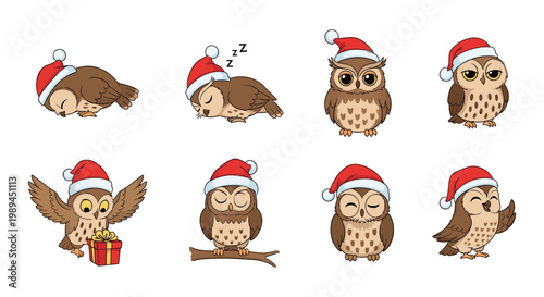 Christmas Owl Character Set Wearing Santa Hats in Various Poses, Cute Winter Bird Illustrations for Holiday Greeting Cards and Festive Season Decor