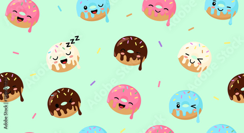 Seamless Pattern of Colorful Glazed Donuts with Sprinkles and Cute Faces, Sweet Dessert Pastry Background for Bakery Wallpaper and Food Packaging Art