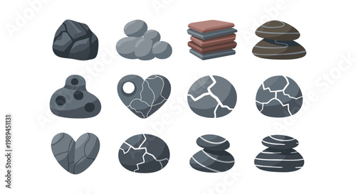 Various Rock and Stone Shapes Vector Collection Including Stacked Pebbles and Broken Stones, Geological Elements for Spa Zen and Nature Landscape Design