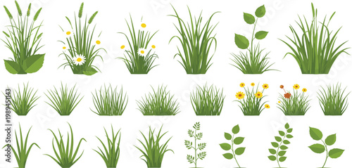 Meadow grass and wildflower vector set featuring 21 tufts of lush lawn daisy and dandelion icons in a flat design style for landscaping