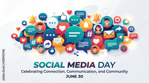 Colorful social communication illustration with chat bubbles reactions and user icons forming dynamic network scene for digital marketing branding promotion and audience engagement use