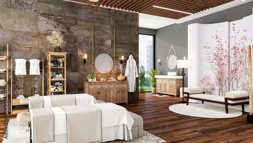 Oriental Luxury Modern Spa Treatment Room Interior with City View, 3D Rendering