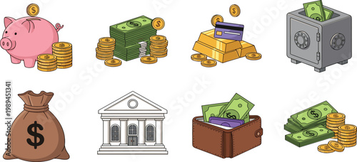 Personal finance and banking vector set featuring piggy bank money bag gold bars and bank building icons in a flat design style