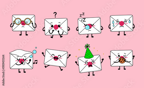 Funny Cartoon Envelope Characters with Japan Flag Mascot Expressing Different Emotions like Sleeping, Crying, Eating Cookie and Celebrating Birthday
