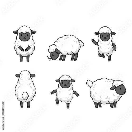 Set of Cute Sheep Characters in Various Poses, Adorable Lamb Vector Icons Showing Jumping Grazing and Standing Positions for Farm Animal Design
