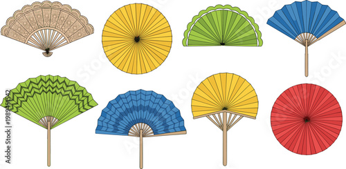 Traditional oriental hand fan and parasol vector set featuring wooden folding fans and circular paper umbrellas in a flat minimalist style