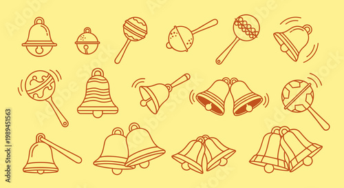 Traditional Bells and Hand Rattle Percussion Icons in Golden Line Style, Festive Celebration and Musical Instrument Vector Graphics for Events