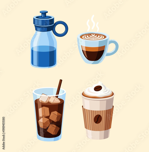 Assorted Beverage Collection with Water Bottle, Hot Espresso Coffee Cup, Iced Coffee Glass and Frappuccino with Whipped Cream Vector Set Icons