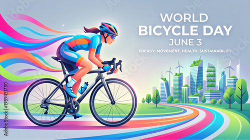 Energetic cycling scene with female rider on modern bicycle moving through green city with colorful motion trails for fitness awareness eco travel promotion and healthy lifestyle branding
