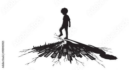 Silhouette of a child standing on a tree stump, roots spreading out, black vector illustration