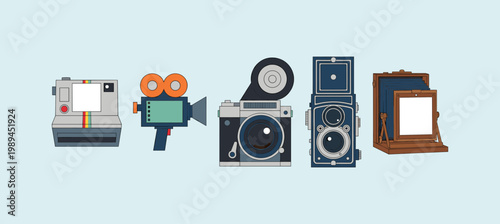 Evolution of Vintage Camera Equipment Collection, Retro Instant Film Camera, Movie Projector, Twin Lens Reflex and Antique Bellows Photography
