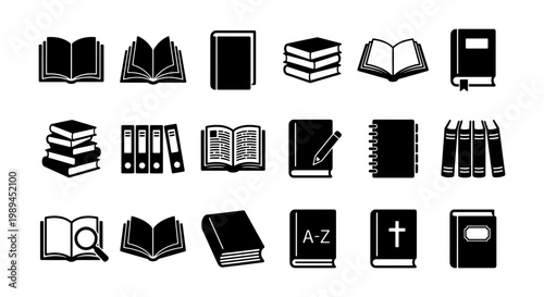 Minimalist book icon set, 18 black and white vector symbols of library books, education literature and reading study materials for web design