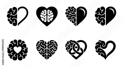 Minimalist brain and heart icon set, 8 black vector symbols for mental health and emotional intelligence, balance between logic and emotion