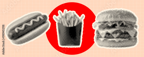 Halftone fast food set with hot dog, french fries and hamburger, halftone style illustration on a light pink grid background