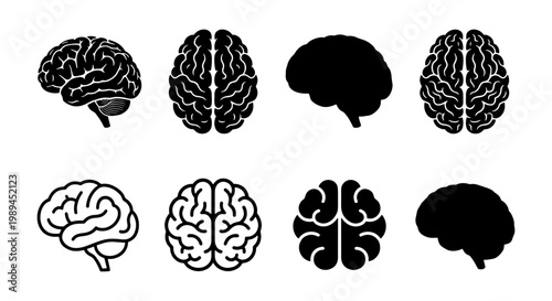 Human brain icon set in black and white, 8 vector brain symbols for medical and mental health design, anatomical mind silhouettes and line art