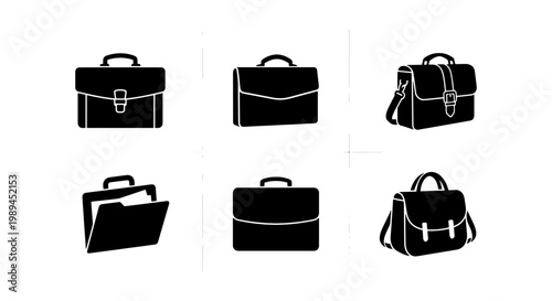 Professional briefcase icon set, black leather business bag silhouettes, 6 office portfolio and messenger bag vector elements for corporate branding