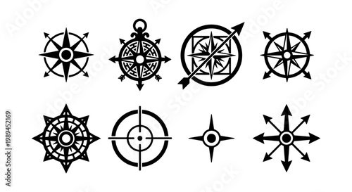 Vintage nautical compass rose icons, set of 8 black wind rose vector symbols, antique maritime navigation signs for maps and travel branding