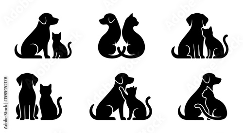 Minimalist pet silhouettes of cats and dogs, black animal icons for veterinary clinics, set of 6 vector graphics for pet care branding and logos