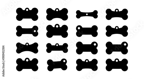 Dog bone tag vector set, 16 black pet identification silhouettes, bone shaped collar charms for engraving, animal nameplate icons on white background