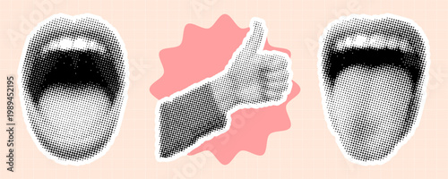 Halftone set of halftone pop art stickers with open mouth, thumbs up gesture and tongue out, retro comic style design elements for social media and creative projects