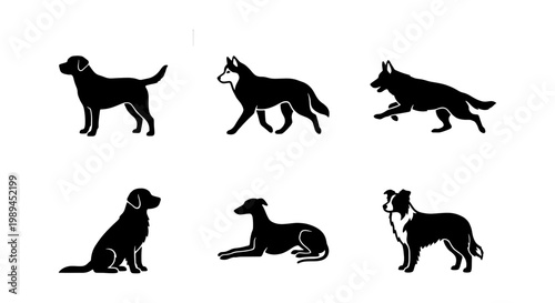 Minimalist dog breed silhouettes set, 6 black canine vector icons, purebred dog profile illustrations for pet shop branding and veterinary logos