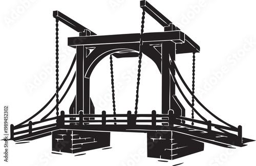 Historic black and white silhouette of a traditional wooden drawbridge with chains and archway design representing old world engineering maritime transport and classic architectural structures
