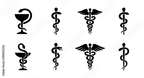 Medical caduceus and rod of asclepius vector icons, pharmacy bowl of hygieia symbols, healthcare and medicine snake emblems set