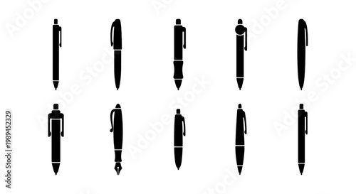 Minimalist pen icon set, black ballpoint and fountain pen silhouettes, collection of 10 office stationery vector symbols for business and education