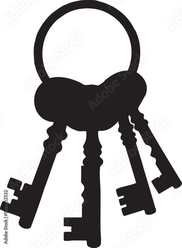 Black Silhouette of Antique Skeleton Keys on Metal Ring Symbolizing Security, Access, Historical Secrets, and Traditional Locksmith Concepts