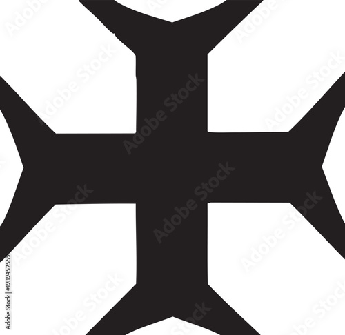 Historic black maltese cross silhouette with sharp pointed edges and symmetrical heraldic design isolated on white background for religious emblems, knight logos, and Medieval themes