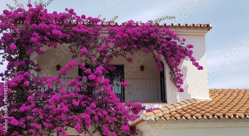 Vibrant bougainvillea covered house with terracotta roof