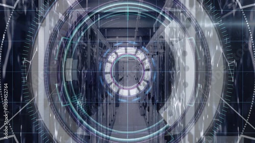 Data center aisle receiving diagnostic ping, HUD rings scanning racks then fading to reveal door