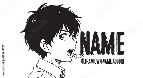 Canvastavla Anime boy template, customizable name tag, manga style illustration, black and w