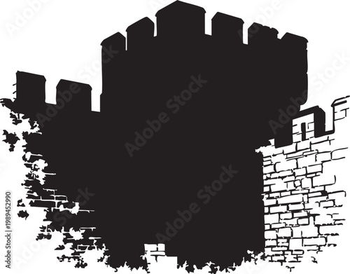 Dark black silhouette of Medieval castle fortress tower with stone brick wall design for historical, Middle Ages, and ancient defense concepts