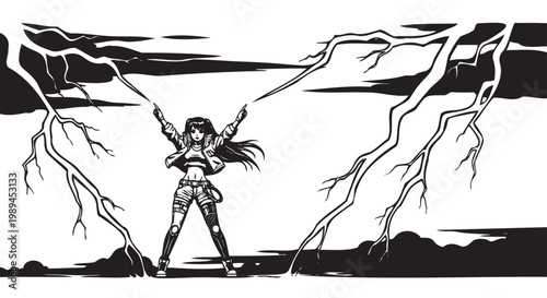 Fantasy warrior woman, powerful female superhero, black and white vector illustration, comic book style art