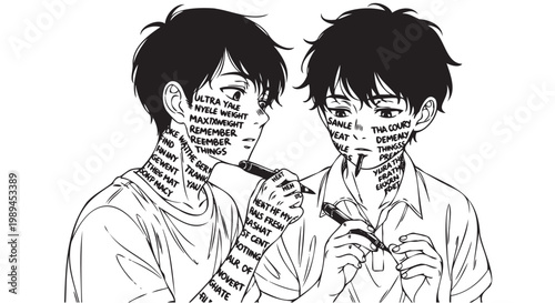 Foto Black and white manga style illustration, two boys with scribbled faces, holding