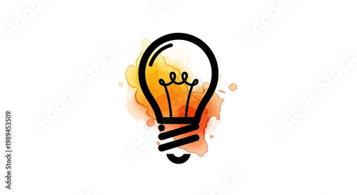 Minimalist hand drawn light bulb icon with orange watercolor splash background representing creative idea and inspiration.