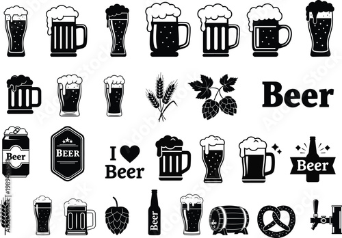 Beer Icon Set Vector – Brewery Elements, Beer Mug Glass Bottle Hops Wheat Collection Illustration