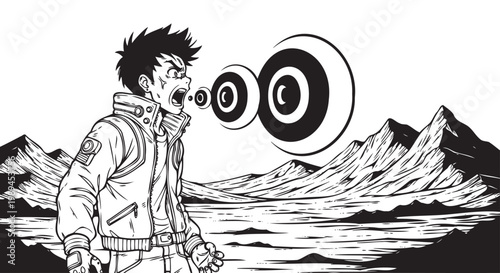 Anime man screaming, manga style illustration, black and white, mountain landscape