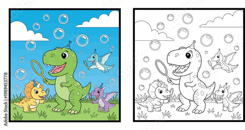 Happy Cartoon Dinosaurs Party with Bubbles Illustration Coloring Page