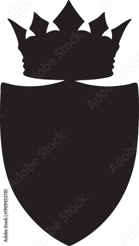Classic black silhouette heraldic royal shield topped with majestic crown isolated on white background for luxury branding, crest design, Medieval emblems