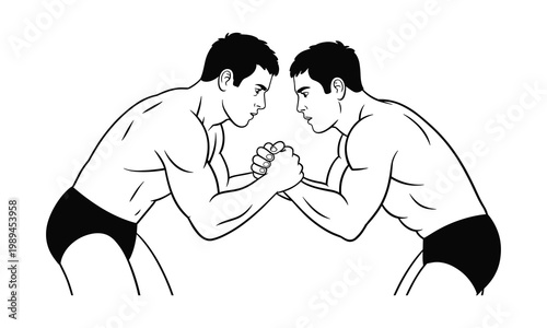 Arm wrestling, men fighting, competitive sports, athletic illustration, arm wrestling match