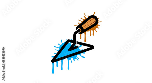 Creative construction trowel icon with artistic paint splatter effects.